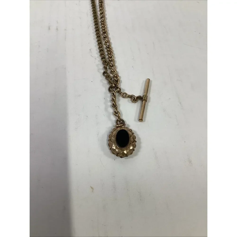VTG J.F.S. & Sons Pocket Watch Chain W/ T-Bar & Decorative Stone-Set Watch Fob